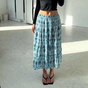 Vintage Tiered Blue & White Boho Print Maxi Skirt